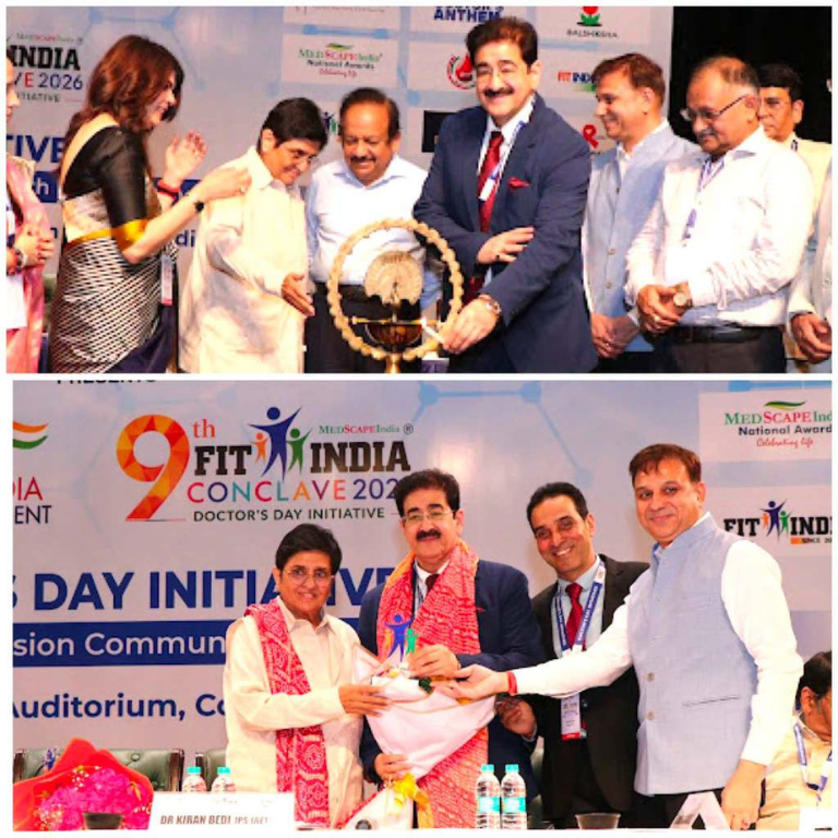 Dr. Sandeep Marwah Inaugurates 9th Fit India Programme at Mavalankar Hall, Honoured by Dr. Kiran Bedi for Promoting Health and Wellness